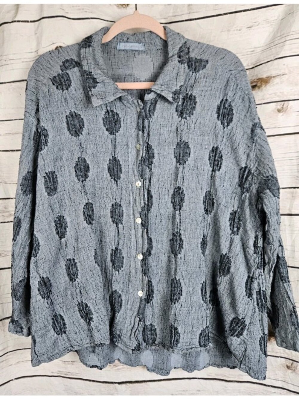Cut Loose Blue Polka Dot Crinkle Button Tunic Top XS Linen Blend Lagenlook